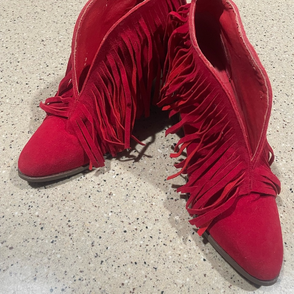 BEAST FASHION Red Suede Fringe Ankle Boots